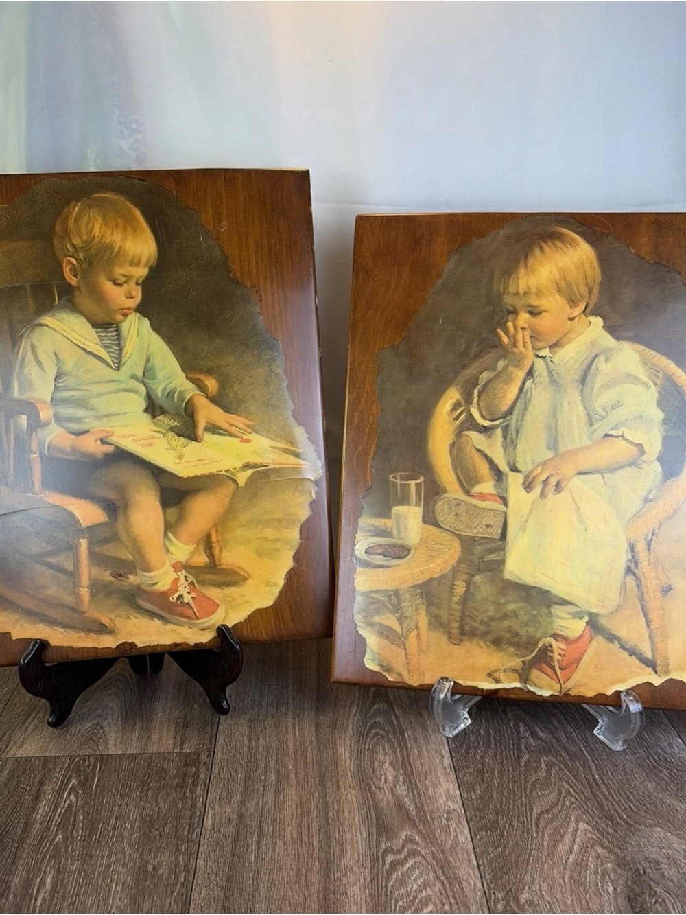 VTG Gretchen & Gary by James Ingwersen Wood Decoupage Plaques 10" x 12" Cottage
